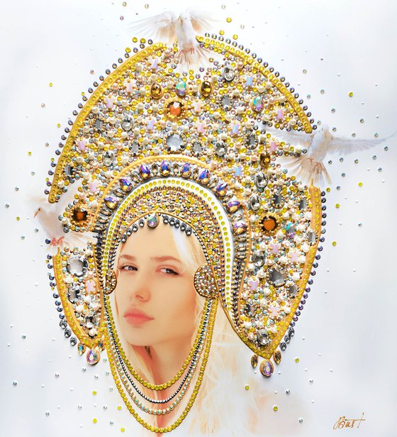 Queen \ Princess with jewelry crown. Folk art mixed media photo collage with precious stones, rhinestones