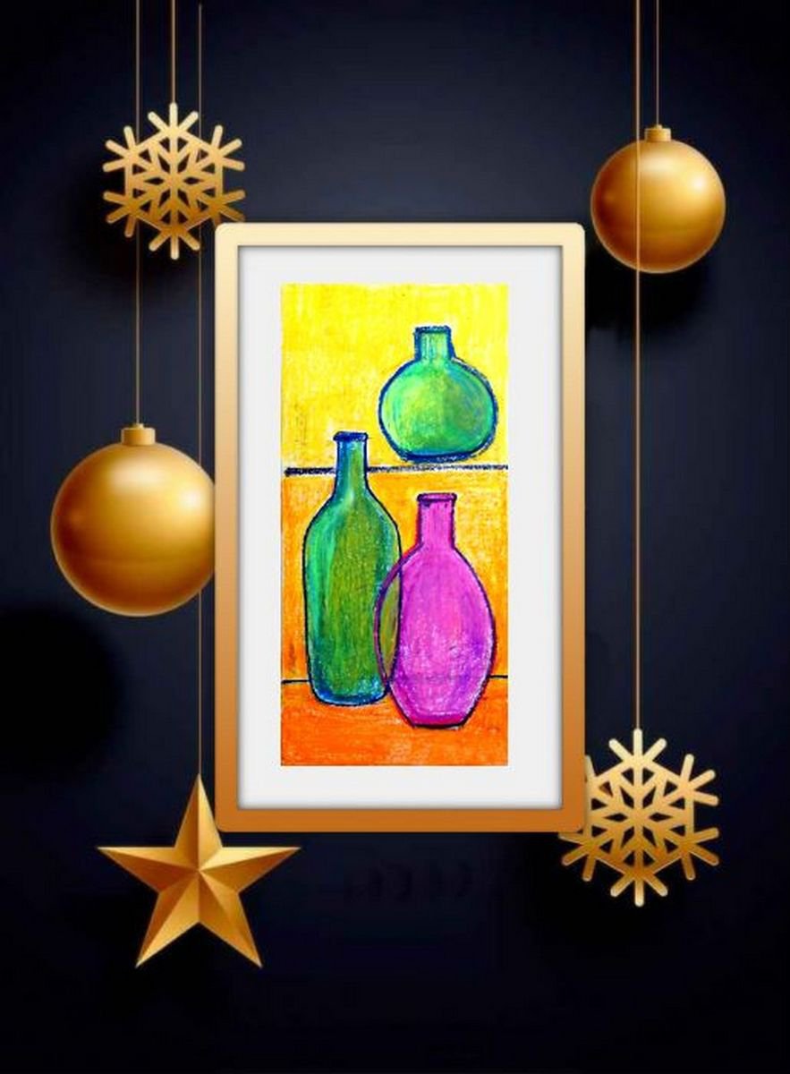 Bottles Still Life oil pastel painting- 11.5x 5.5 by Asha Shenoy