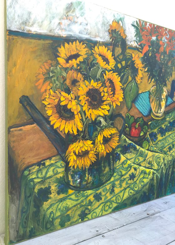 Sunflowers and French Tablecloth still Life, large,