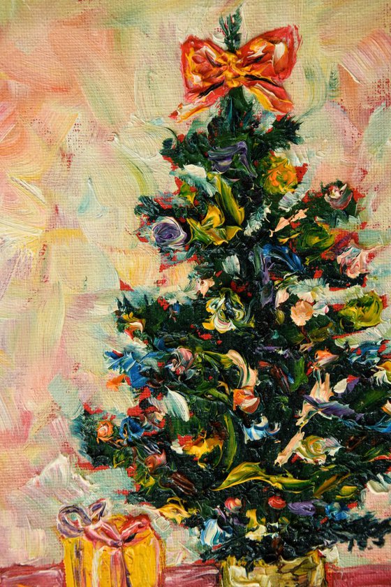 Christmas tree original oil painting on canvas, holiday decor, housewarming gift