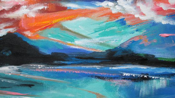 Sunset on the Lake - original acrylic painting, ready to show on your wall, stretched