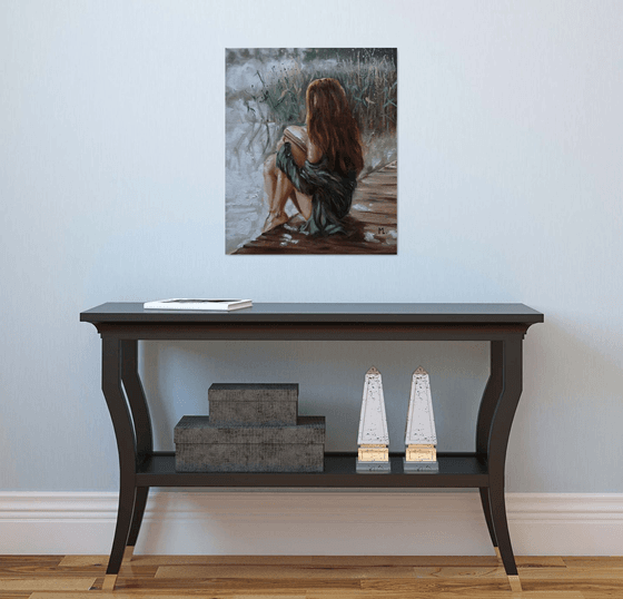 " A LAKE FROM MY BOOK ... "  original OIL painting palette knife reading book GIFT MODERN URBAN ART OFFICE ART DECOR HOME DECOR GIFT IDEA
