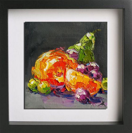 Orange, Painting still life, oil painting, fruit on the table, canvas painting, impressionism, still life palette knife