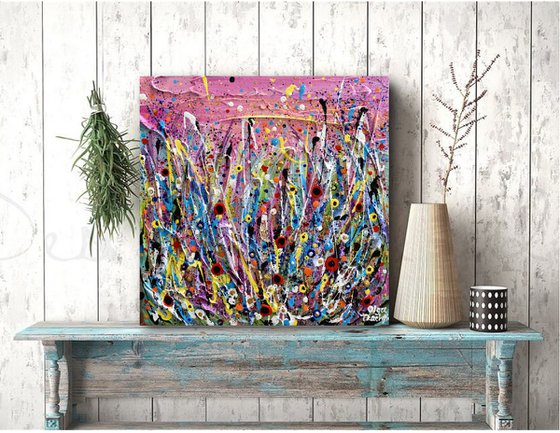 Pink Flowers Meadow - Abstract Floral Landscape, Textured Painting