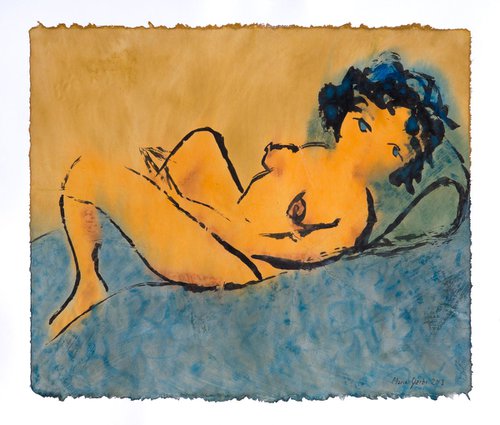 Female nude on huge bed by Marcel Garbi