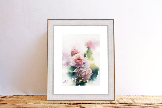 Pink roses, small watercolor Garden painting