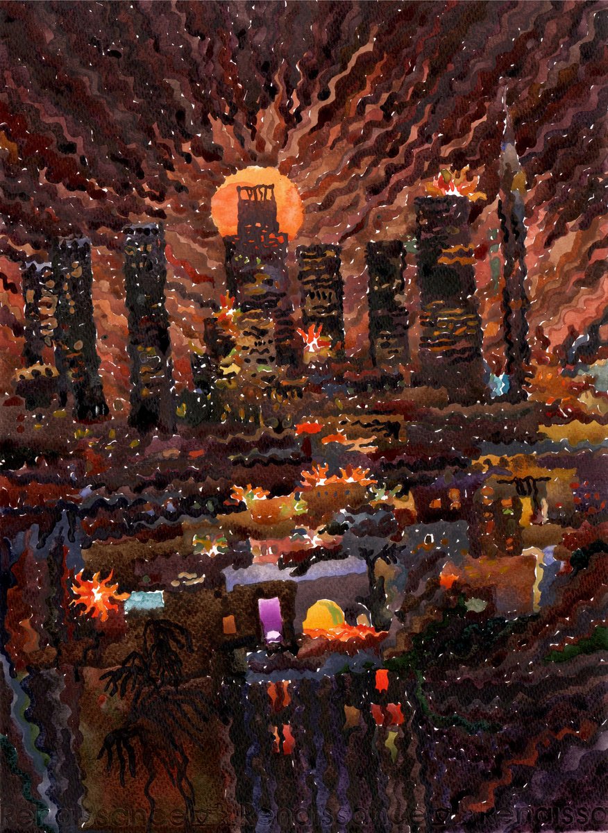 Impressionistic Cityscapes Watercolour By Tanbelia, 11 X 15", Los Angeles At Night, Original Artwork