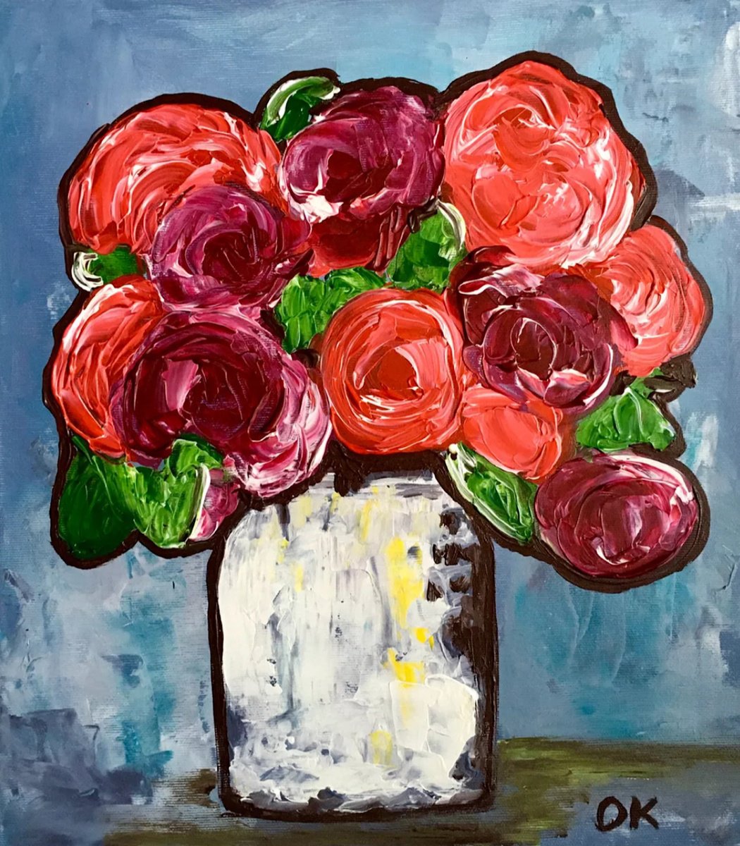 Impressionistic Botanical Acrylic Painting By Olga Koval, 14 X 16", Red Bordo Roses, Original Artwork