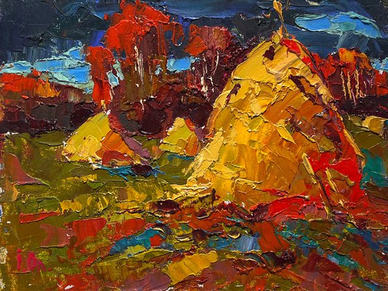 Autumn fields and haystacks
