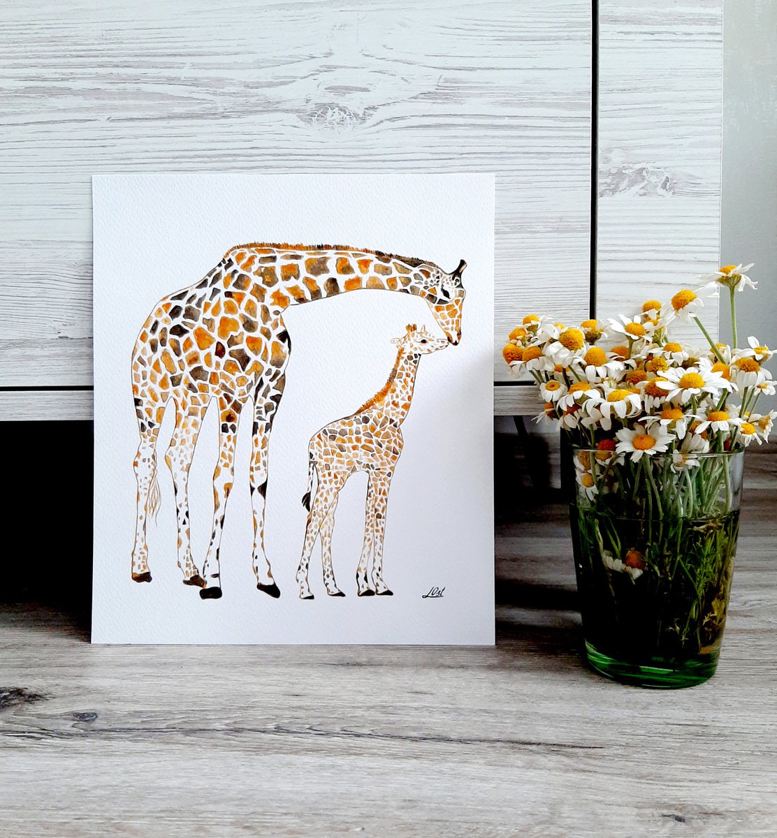 Organic Animal Watercolour By Luba Ostroushko, 12 X 17", Giraffes Family Art, Original Artwork