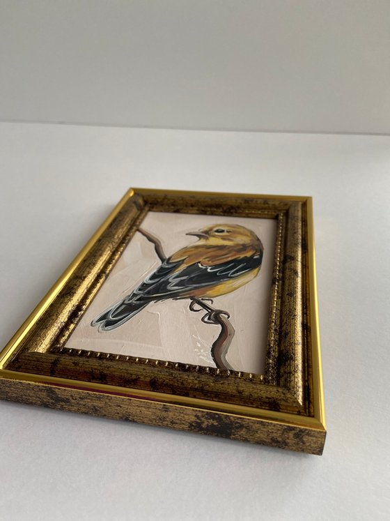 Bird painting mini art framed 16x12cm cute mini art