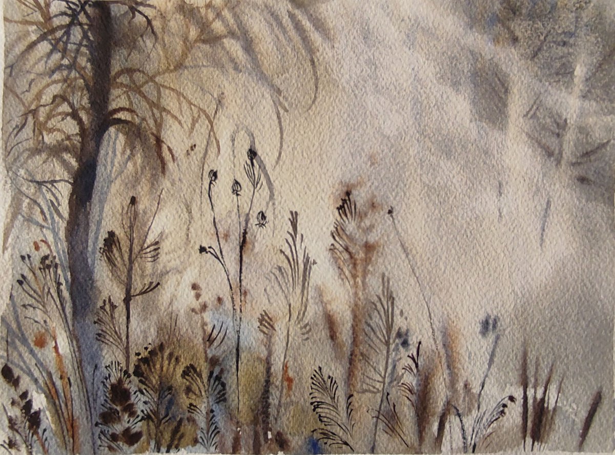 Impressionistic Landscape Watercolour By Maria Kireev, 12 X 9", Dry Plants In Garden, Original Artwork