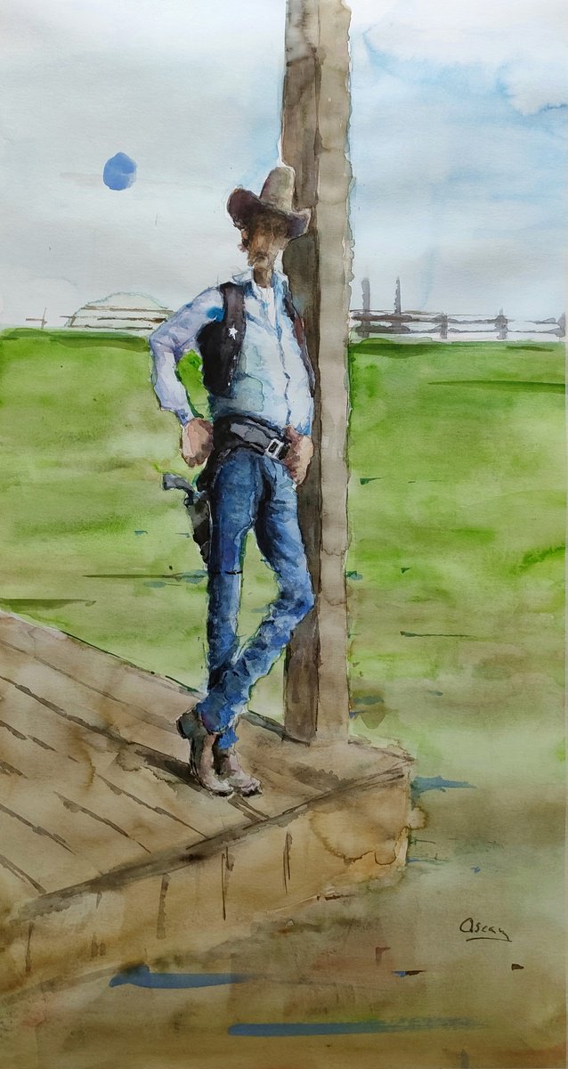 Cartoon Portrait Watercolour By Oscar Alvarez Pardo, 14 X 26", A Quiet Sheriff-Cartoon C6-, Original Artwork