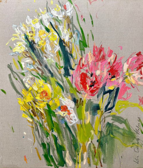 Tulips and daffodils by Lilia Orlova-Holmes