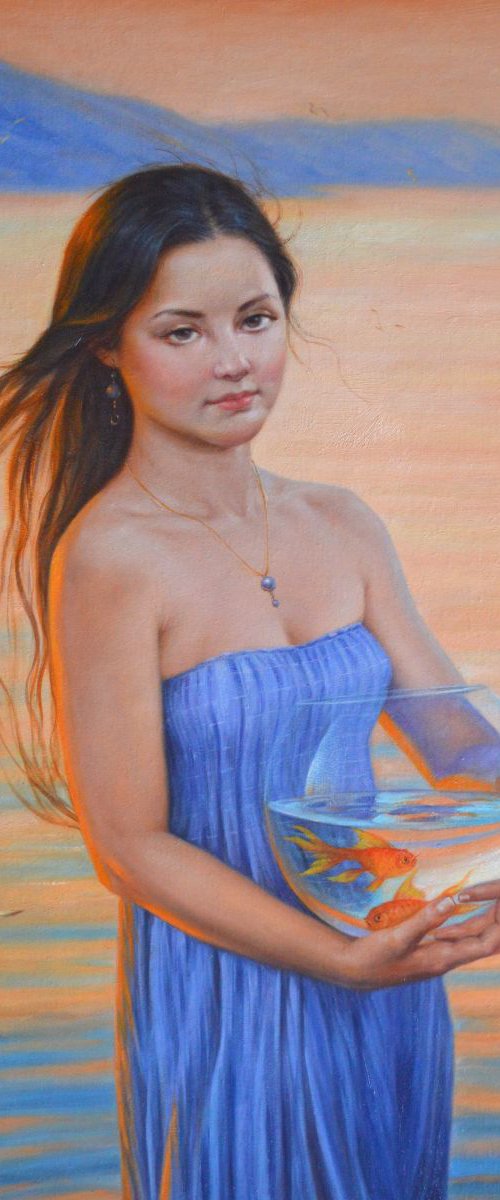 OIL PAINTING ART PORTRAIT OF GIRL IN SEASIDE RED FISH#11-12-03 by Hongtao Huang