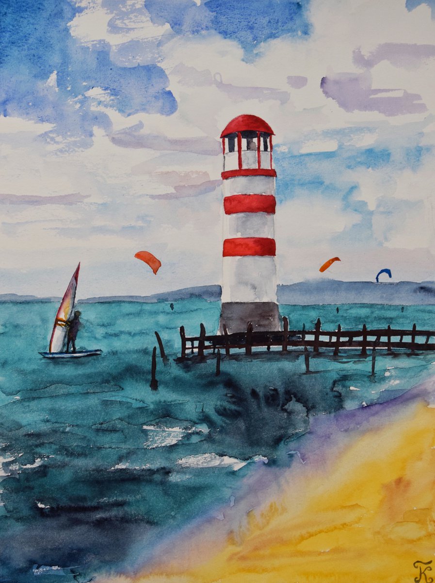 Lighthouse watercolor original painting, seascape wall art, coastal home decor by Kate Grishakova