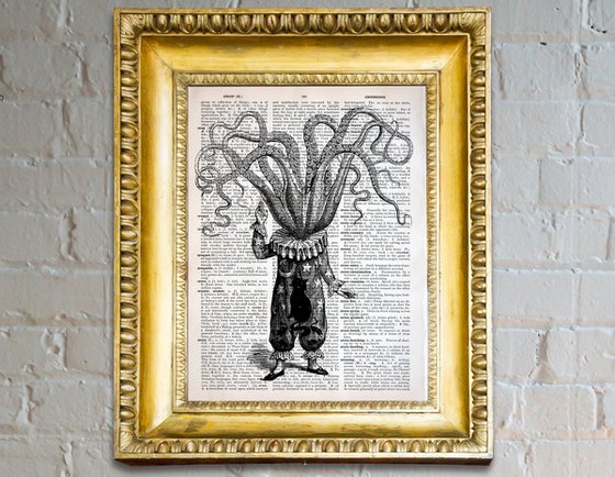 Octopus Astronomer - Collage Art Print on Large Real English Dictionary Vintage Book Page