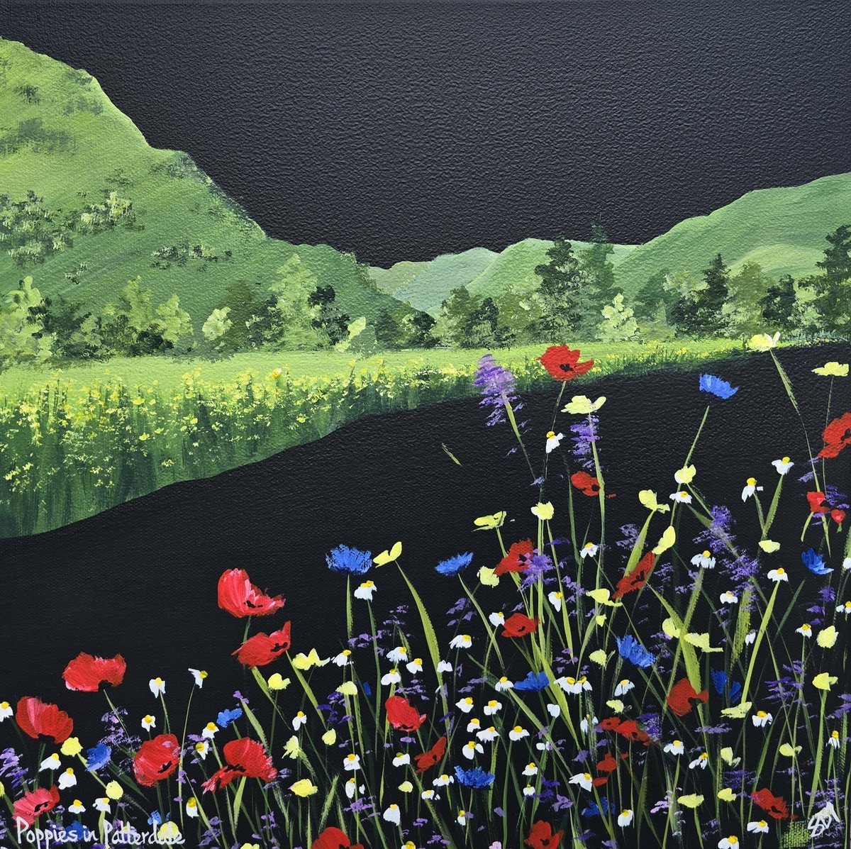 Organic Landscape Acrylic Painting By Sam Martin, 14 X 14", Poppies In Patterdale, Original Artwork