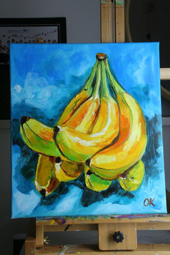 Bananas on  turquoise  Still life. Palette knife painting on linen canvas