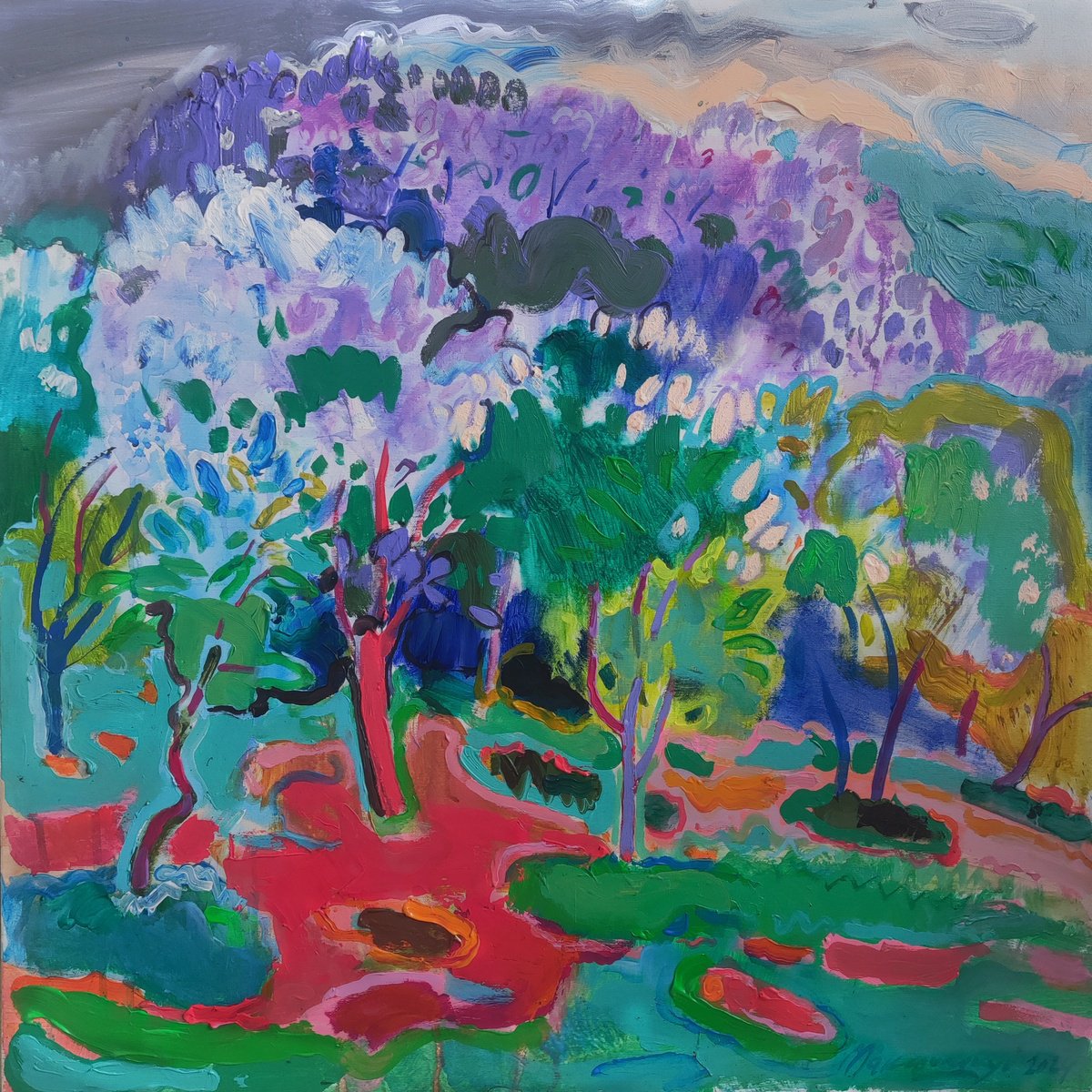 Impressionistic Landscape Acrylic Painting By Pavlo Makedonskyi, 33 X 33", In The Lilac Bushes, Original Artwork