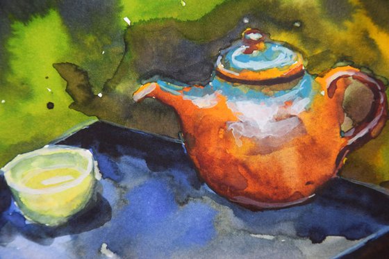 Watercolor painting postcard Cozy tea time h