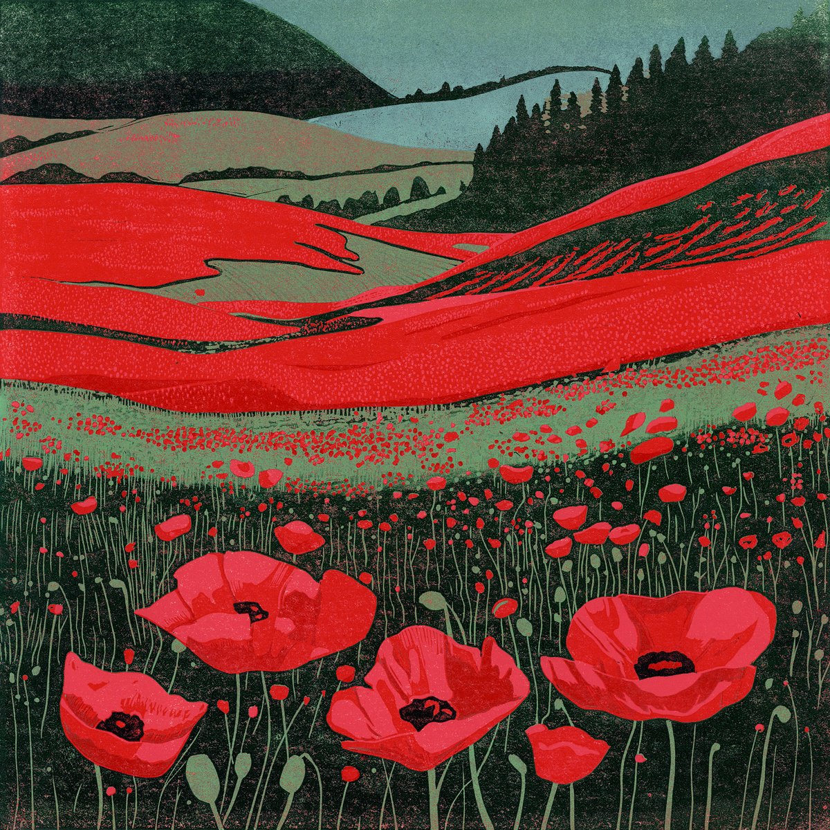 Graphic Landscape Linocut By Layla Khani (Aka Laylart), 15 X 15", Poppy Fields - Linocut, Original Artwork