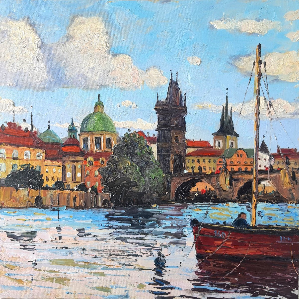 Impressionistic Cityscapes Oil Painting By Roberto Ponte, 14 X 14", Prague, Charles Bridge, Original Artwork