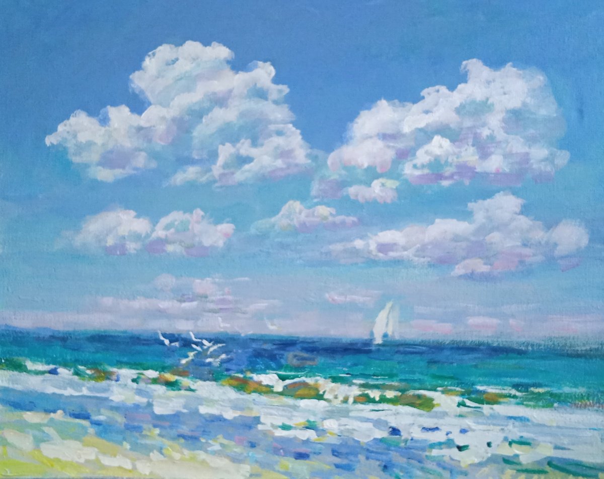 Impressionistic Landscape Acrylic Painting By Oleksandr Bielskyi, 20 X 16", At The Seaside, Original Artwork