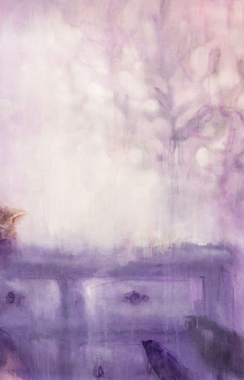 Violet morning - homescape with ginger cat by Olga Bezverkhaya
