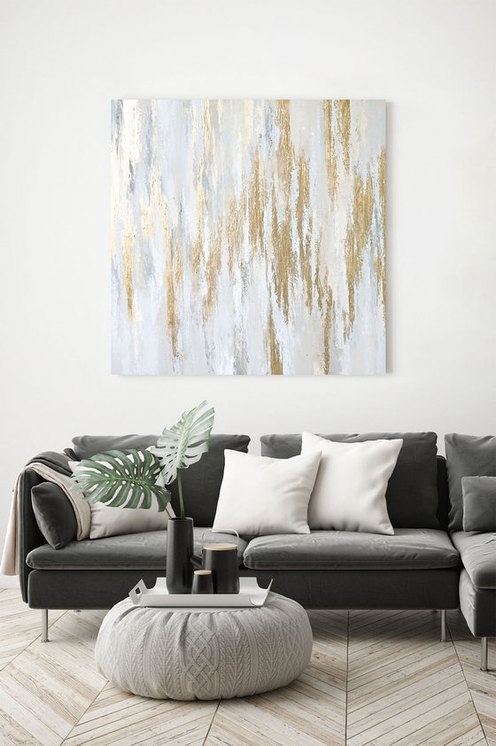 "Cascade" Acrylic abstract white and gold art