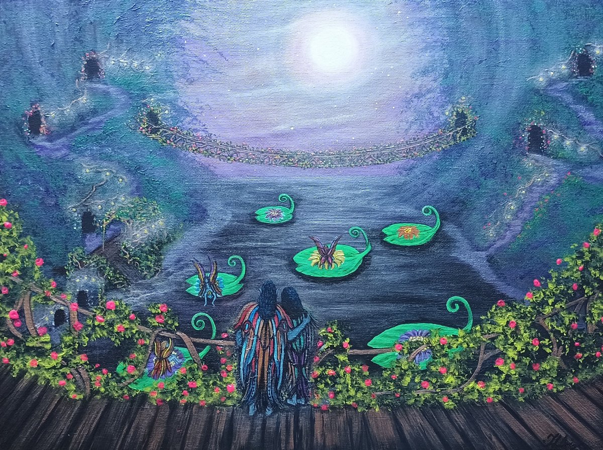 Surrealistic Portrait Acrylic Painting By Zoe Adams, 16 X 12", Riverbank Fairies., Original Artwork