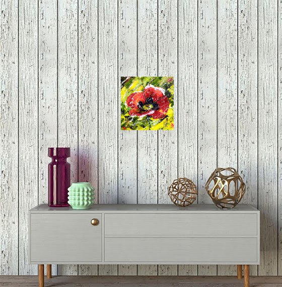 Poppy Painting Floral Original Art Abstract Red Flower Small Oil Impasto Pallete Knife Artwork Home Wall Art 6 by 6" by Halyna Kirichenko
