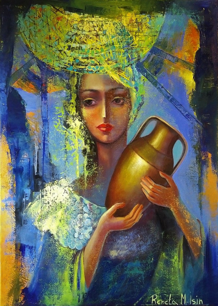 Expressive Portrait Oil Painting By Reneta Isin, 20 X 28", " Egyptian Madonna ", Original Artwork