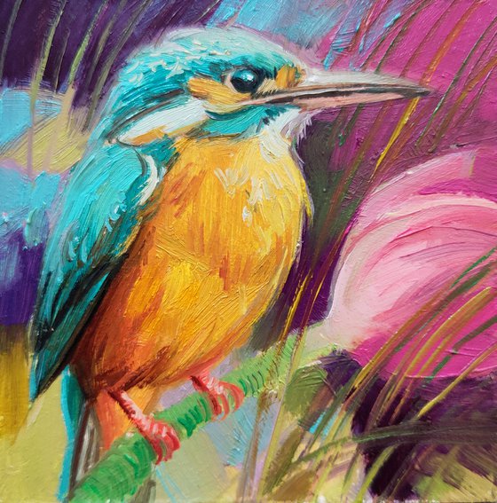 Kingfisher bird tiny painting original art framed picture 4x4, Turquoise artwork bird wall art decor Personalized gift animal art lover