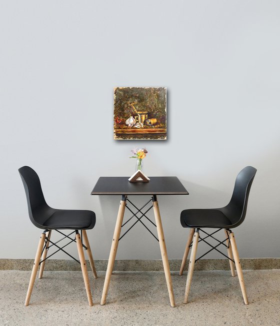 Garlic and a copper mortar