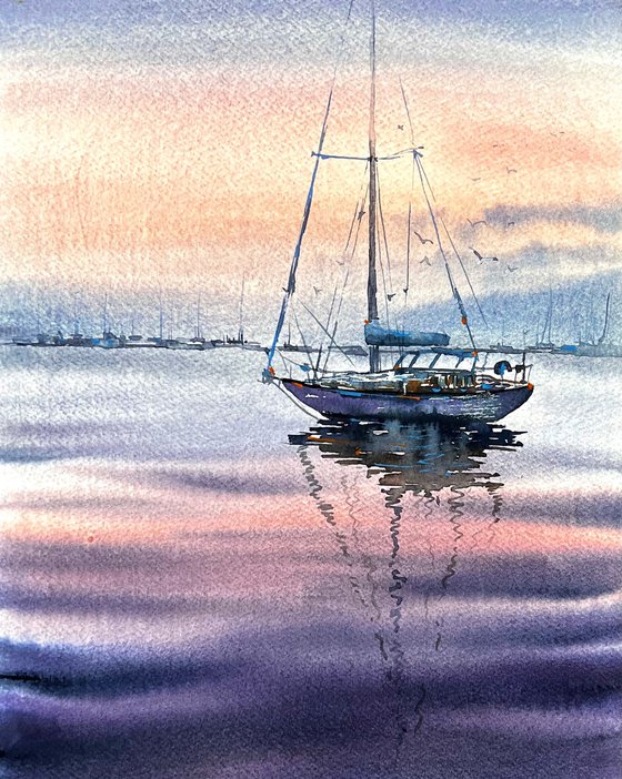 Watercolour Original Boat on Sunset Painting
