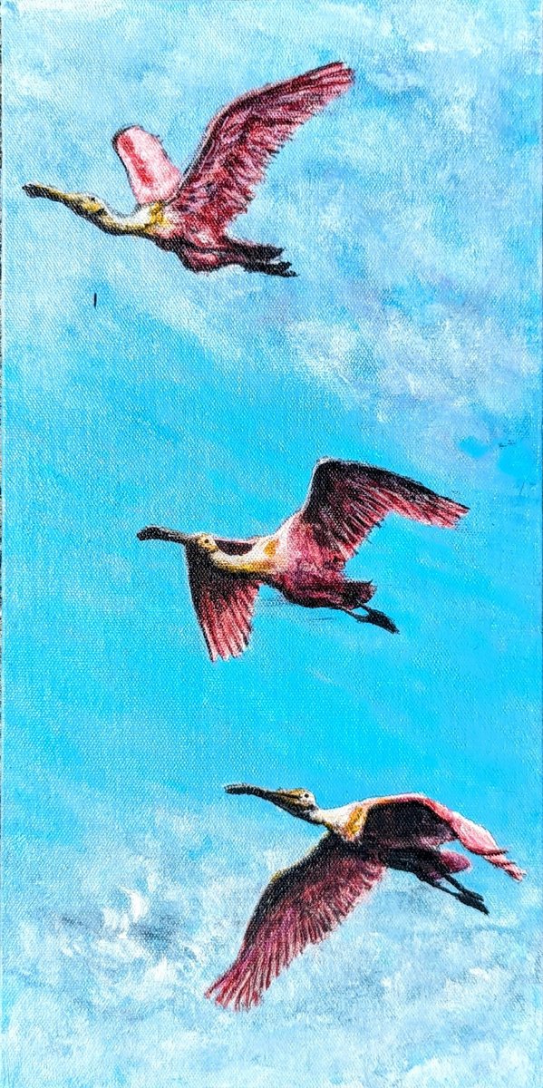 Impressionistic Animal Acrylic Painting By Robbie Potter, 8 X 16", 3 Roseate Spoonbill, Original Artwork