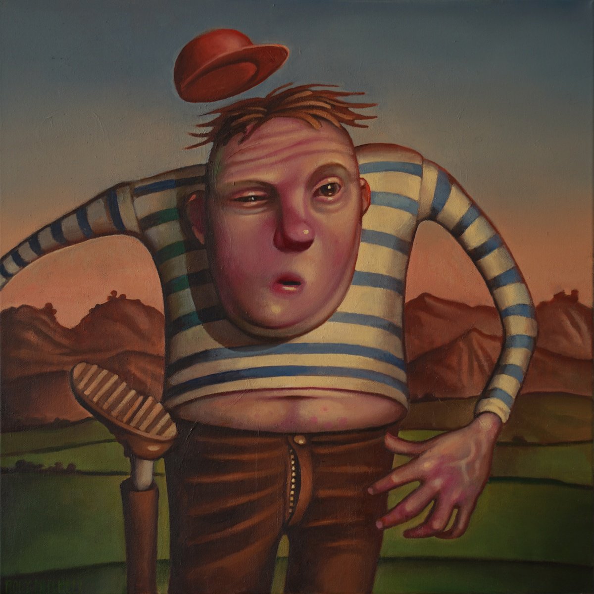 Naive Portrait Oil Painting By Rory Mitchell, 20 X 20", Round The Bend, Original Artwork