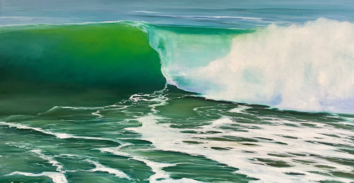 Photorealistic Landscape Oil Painting By Aflatun Israilov, 59 X 31, Ocean Wave, Original Artwork