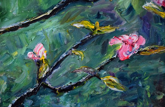 Spring flowers oil painting on canvas, pink flower, green wall art