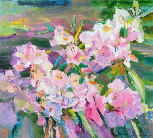 Summer impressions . Azalea booms .  Sunny painting of a flowering branch .  Original oil painting by Helen Shukina