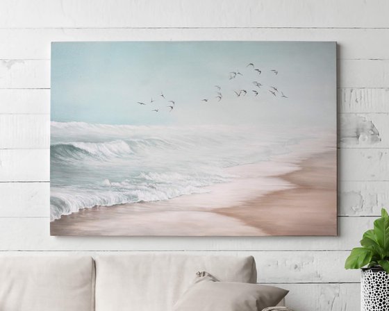 "Sea vibes 2" Blue beige landscape oil art