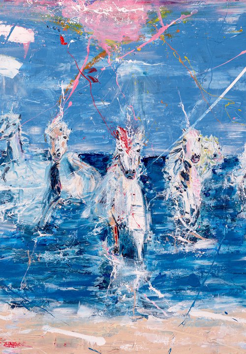 Horse painting - Wild horses on the beach - Large art 120x200 cm| 47.24"x78.74"  by Oswin Gesselli by Oswin Gesselli