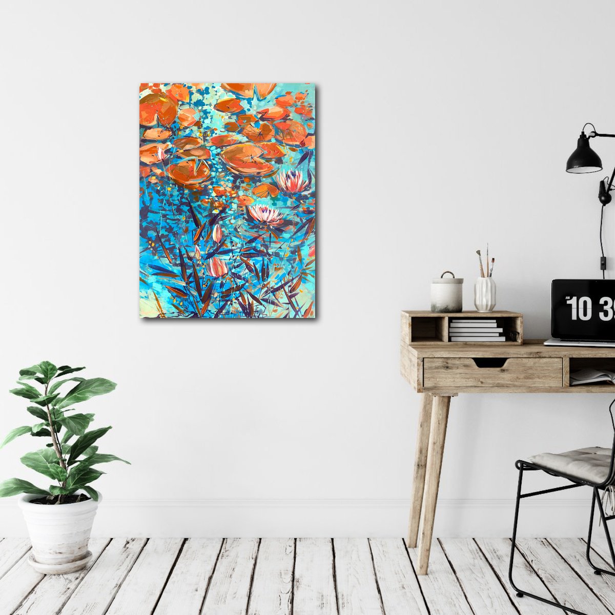 Abstract Botanical Acrylic Painting By Irina Rumyantseva, 24 X 31, Red Water Lilies 3, Original Artwork