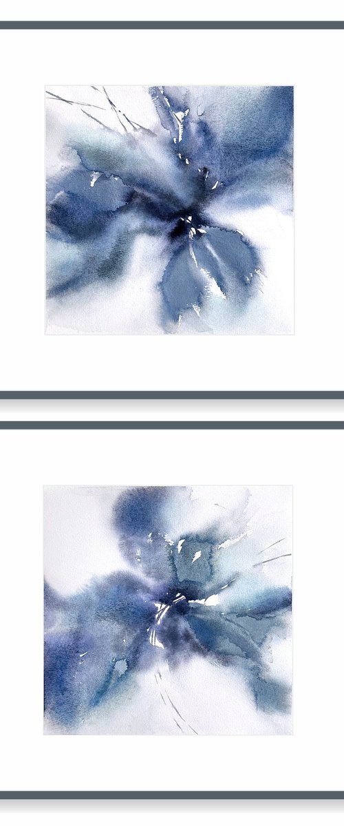 Blue abstract flowers diptych by Olga Grigo