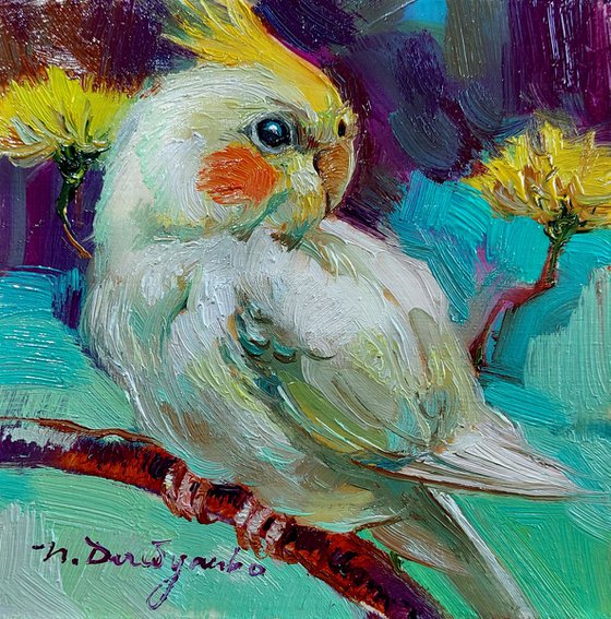 Parrot bird painting original small oil art framed 4x4 inch
