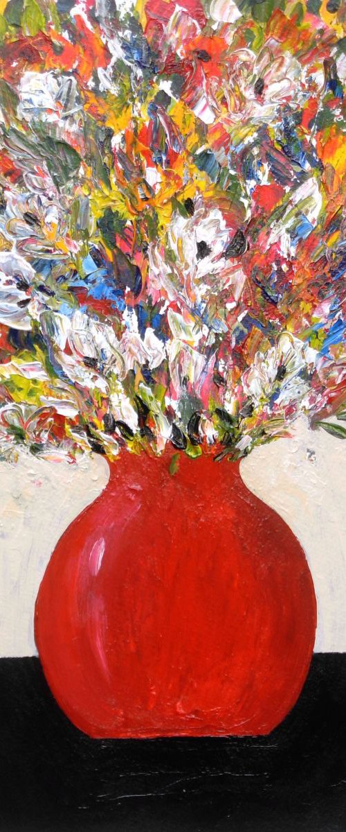Summer Flowers in a Red Vase by Jan Rippingham
