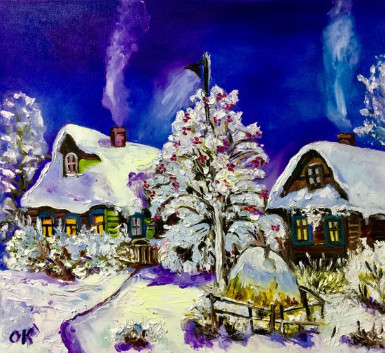 Winter evening, village landscape,  oil painting