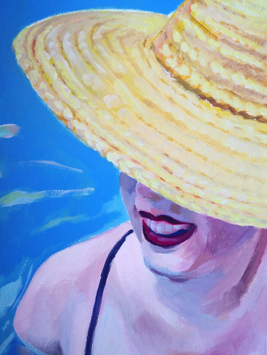 Expressive Portrait Acrylic Painting By Anyck Alvarez Kerloch, 12 X 16, With My Hat At The Pool, Original Artwork