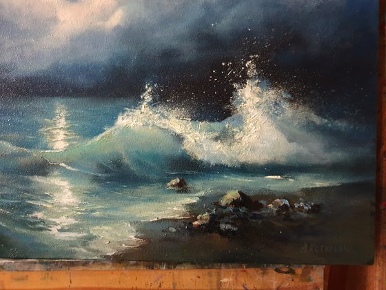 "Night sea." seascape sea night liGHt original painting  GIFT (2020)